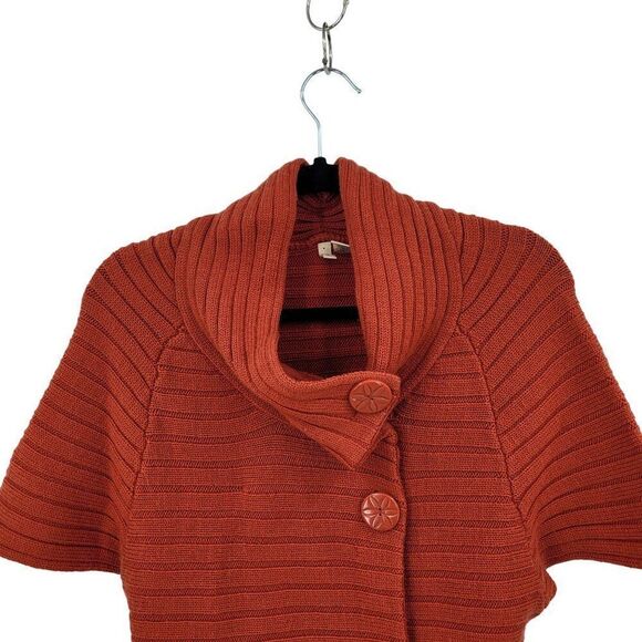 Moth Rust Wool Ribbed Knit Poncho L High Collar Button Cardigan Sweater Cape - Picture 4 of 12
